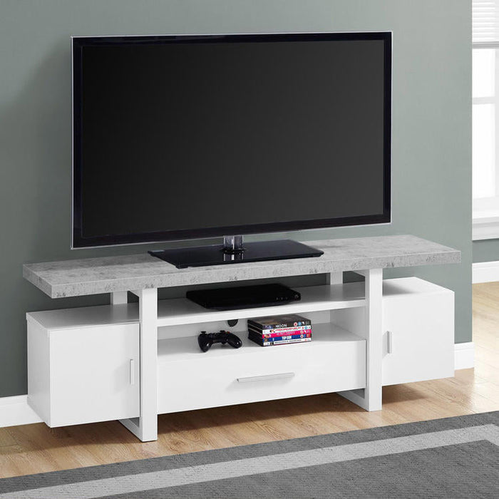 Monarch Specialties I 2725 | Meuble TV - 60" - Dessus en simili-ciment - Blanc-Sonxplus St-Georges