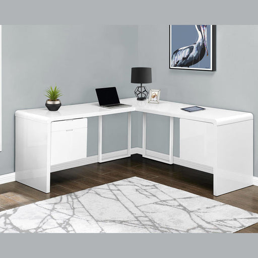 Monarch Specialties I 7582 | Meuble d'ordinateur - 70" - En coin - Conception en L - Configuration réversible - Avec tiroirs - Fini blanc lustré-Sonxplus St-Georges