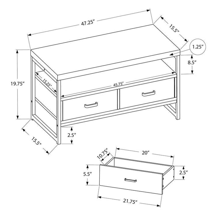 Monarch Specialties I 2871 | Meuble TV - 48" - 2 Tiroirs de rangement - Métal noir - Imitation bois Gris-Sonxplus St-Georges